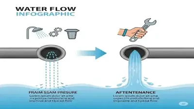 انفوجرافيك يوضح الفرق بين ضعف ضغط الماء وقوتها في أنبوب مياه من اليسار إلى اليمين بأسلوب عصري